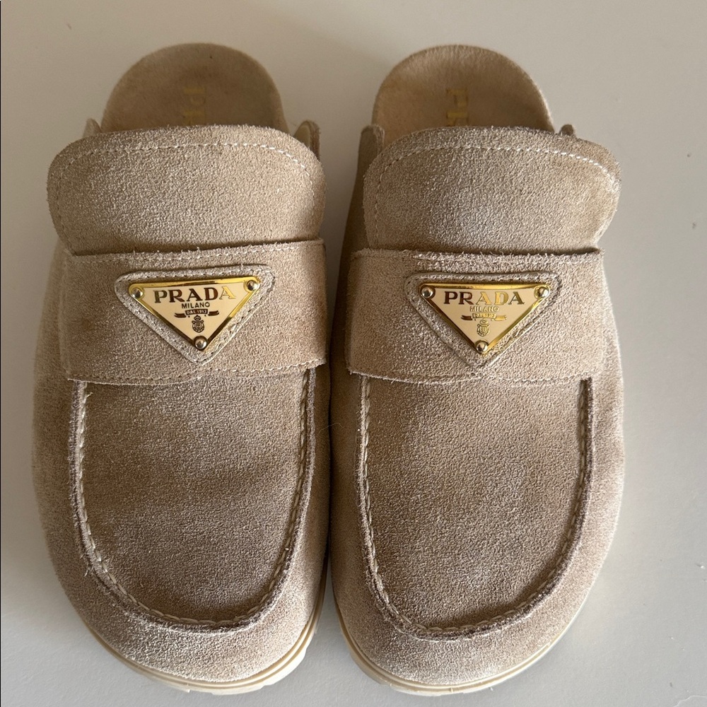Prada Beige Suede Slide Loafers with Gold Logo Plaques